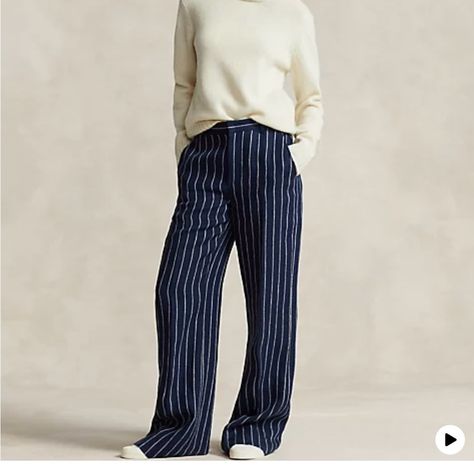 Polo Ralph Lauren Striped Linen Wide -Leg Pant Sz. 4 . Navy/Cream Stripe . Brand New With Tags Stripe Pants Outfit, Store Boutique, Ralph Lauren Pants, Dyed Linen, Wide Leg Linen Pants, Mein Style, Pantalon Large, Menswear Collection, Womens Dress Pants