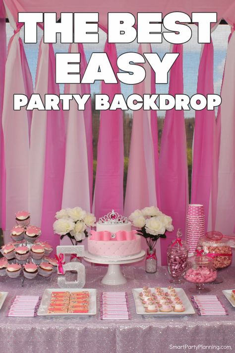 Easy Pink Party Decorations, Diy Large Party Decor, Pink Diy Party Decorations, Using Plastic Tablecloths To Decorate, Party Backdrop Without Balloons, Diy Backdrop Decorations, Quick Easy Backdrop Ideas, Diy Pink Backdrop Ideas, Party Decorating Tips