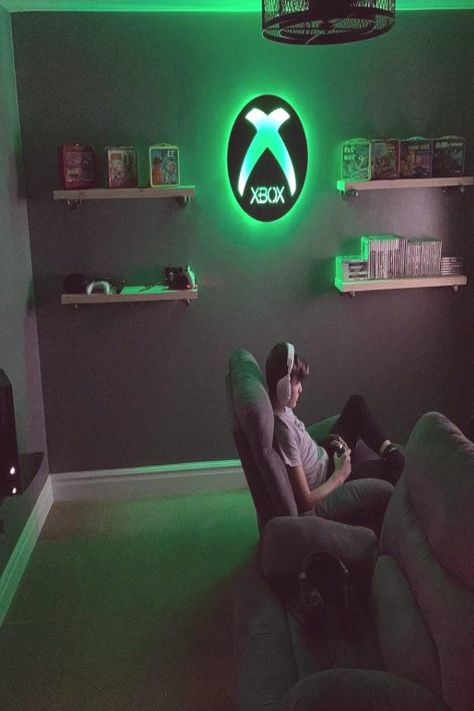 Xbox Room, Button Wall Art, Xbox Logo, Boys Game Room, Gamer Bedroom, Small Game Rooms, Computer Gaming Room, Gamer Room Decor, Video Game Room Design