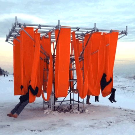 Lifeguard outposts along Toronto's frozen waterfront have been converted into a series of installations and pavilions including a set of bright red swings Temporary Architecture, Urban Intervention, Lifeguard Tower, Pavilion Architecture, Beautiful Outdoor Spaces, Urban Furniture, Street Furniture, Public Art, Urban Design