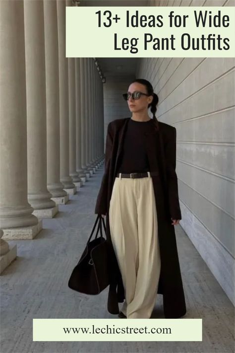 13+ Ideas for Wide Leg Pant Outfits. Wide leg pants are so chic for winter outfits or spring outfits. The trousers are an important part of the wide leg pants outfit. These trousers outfit are for casual outfits or work outfits. The trouser pants outfits works for all events. These trousers are timeless and part of a capsule wardrobe. #widelegpants #trousers #trousersoutfit #widelegpantsoutfits #widelegtrousersoutfits Wide Leg Stretch Pants, Long Cullotes Outfit, Wide Leg Professional Outfit, Outfits With Beige Trousers, Formal Slacks Outfit Classy, Tops With Wide Leg Pants, Ivory Wide Leg Pants Outfit, Creme Trousers Outfit, Cream Wide Leg Trousers Outfit