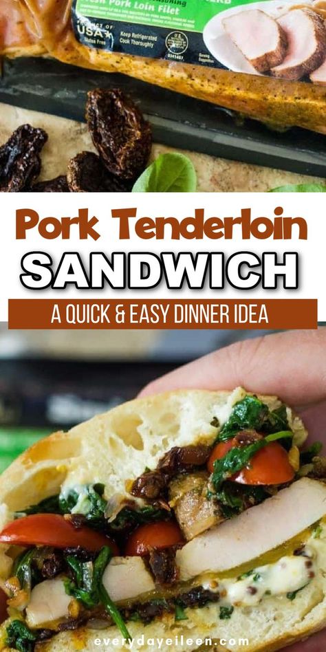 packaged marinated pork tenderloin in one image and the other is a pork tenderloin sandwich with Pinterest overlay. Pork Tenderloin Spinach, Mediterranean Roast, Tenderloin Sandwich, Pork Sandwich Recipes, Roast Pork Sandwich, Pork Tenderloin Sandwich, Slow Cooker Baked Beans, Pork Sandwiches, Roasted Pork Tenderloins