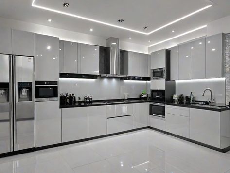 Elegant Modern Kitchen Interior Design with Sleek Finish This image showcases a spacious and modern kitchen interior with glossy white cabinets and black countertops. The design includes high-end stainless steel appliances, LED strip lighting for a sophisticated ambiance, and polished white floor tiles that reflect the overhead lighting, enhancing the room's brightness and clean aesthetic. White Black Kitchen Cabinets, Kitchen Cabinet With Black Countertop, Glossy Kitchen Cabinets Modern, White And Black Kitchen Cabinets, Kitchen Overhead Cabinets, White Cabinets And Black Countertops, Glossy White Cabinets, Kitchen Glossy, Kitchen Black Countertop