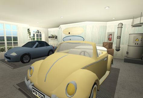 Coastal Garage Interior, Two Car Garage Ideas, Bloxburg Garage Ideas Interior, Garage Decals Bloxburg, Garage Ideas Bloxburg, Coastal Bedroom Bloxburg, Beach Bloxburg, Coastal Garage, Bloxburg Garage Ideas