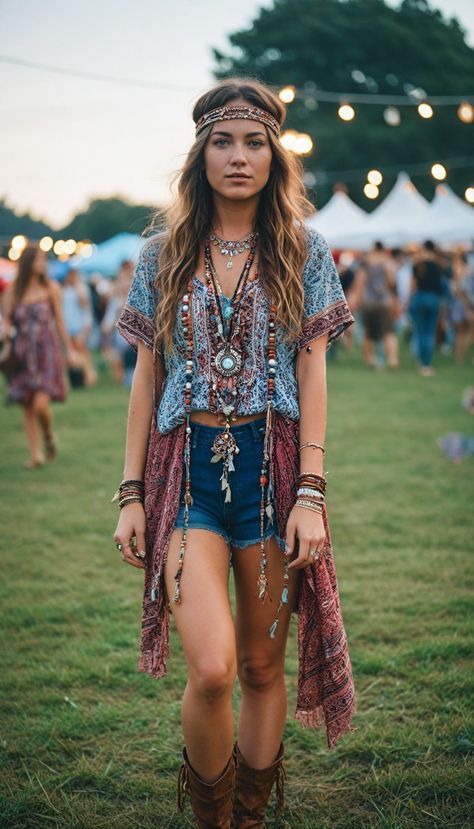 Denim Shorts Festival Outfit, Wonderfruit Outfit, Eclectic Fashion Style Bohemian, Casual Coachella Outfits, Indie Music Festival Outfit, Boho Coachella Outfits, Coachella Outfit Boho, Woodstock Outfit, 60s Fashion Hippie