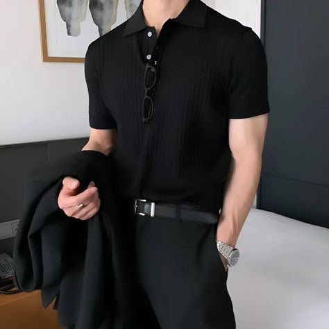 Elevate your summer style with our Lapel Polo Shirt 🌞. This solid color knitwear combines casual comfort with a touch of sophistication 🌟. Perfect for any occasion! ✨ #MensFashion #SummerStyle #KoreanFashion #CasualWear #PoloShirt #Knitwear #SolidColor #FashionBrand #Menswear #StyleUpgrade #viral #explore Black Polo Outfit Men, Black Polo Outfit, Polo Outfit Men, Summer Wear For Women, Polo Outfit, Mens Casual Dress Outfits, Black Polo, Style Upgrade, Mens Casual Dress