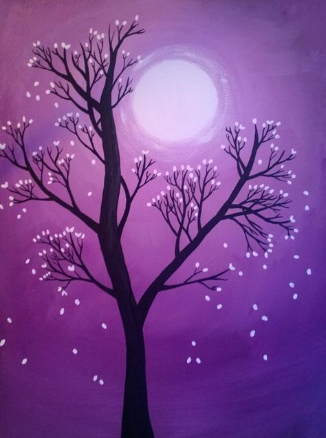 The paint I used was acrylic and it was non-toxic (I always use non-toxic paint) and is on a 12 inch by 16 inch stretched canvas. I really like how the white leaves look so strikingly vivid against a purple sky. I like how the blending of the sky turned out because that is usually the toughest to do. Painting Ideas On Canvas Purple Background, Purple Canvas Painting Easy, Easy Purple Painting Ideas, Monochromatic Painting Easy, Really Easy Paintings, Purple Sky Painting, Purple Painting Ideas, Monochromatic Painting Ideas, Monochromatic Pictures