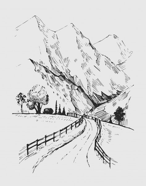 Sketch of a landscape with a road and mo... | Premium Vector #Freepik #vector #line Gambar Lanskap, Landscape Pencil Drawings, Ink Pen Art, Nature Art Drawings, Nature Sketch, 그림 낙서, Pen Art Drawings, Landscape Sketch, Canvas For Beginners