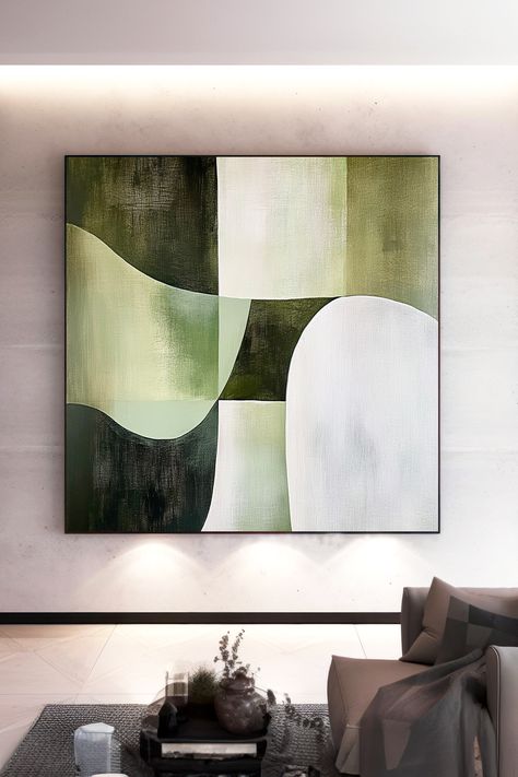 Abstract geometric original handmade painting with soft green, white, and dark shapes on canvas Purple Wall Art, Green Wall Decor, Geometric Painting, Handmade Wall Art, Purple Abstract, Green Wall Art, Green Abstract, Unique Paintings, Handmade Artwork