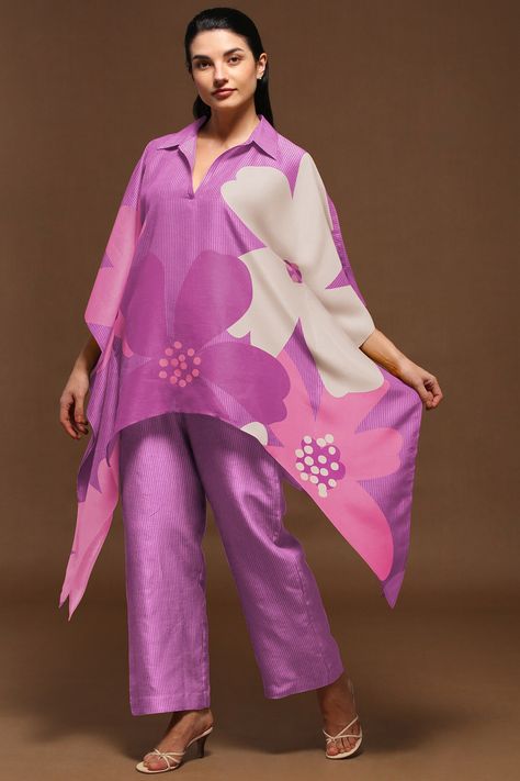 Featuring a light purple kaftan tunic in dupion silk base with floral print. It is paired with matching parallel pants.  FIT: Fitted at bust and waist. COMPOSITION: Dupion silk. CARE: Dry clean only. Kaftan Design, Kaftan Kurta, Co Ords Outfits, Coat Set, Kaftan Designs, Elevated Casual, Kurti Designs Latest, Casual Indian Fashion, Kaftan Style