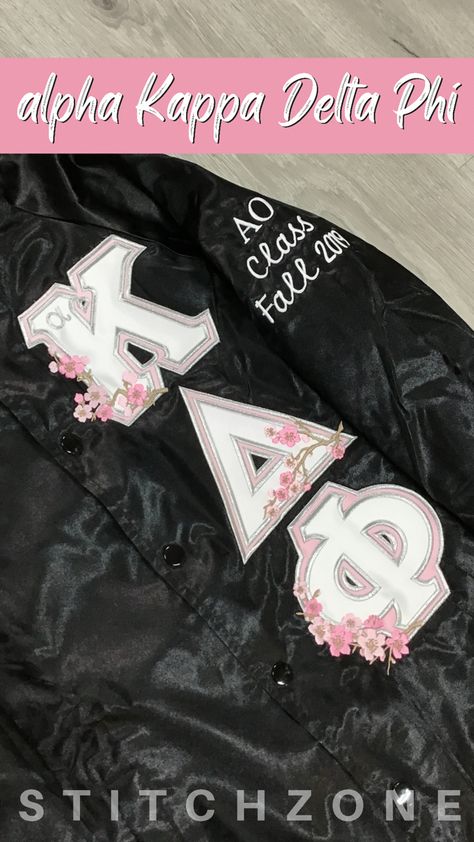 αΚΔΦ Cherry Blossom Greek Letters Line Jackets Sorority, Sorority Jackets, Greek Board, Stole Ideas, Alpha Delta Kappa, Kappa Delta Chi, Filipino Flag, Sorority Clothes, Delta Chi