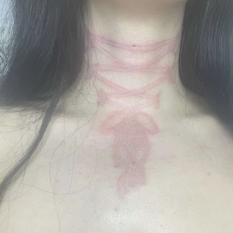 Back To Neck Tattoo, Ribbon Back Tattoo, Ribbon Neck Tattoo, White Cybersigilism Tattoo, White Neck Tattoo, Vampire Neck Tattoo, White Ink Neck Tattoo, Too Surgery Tattoo, Morute Tattoos