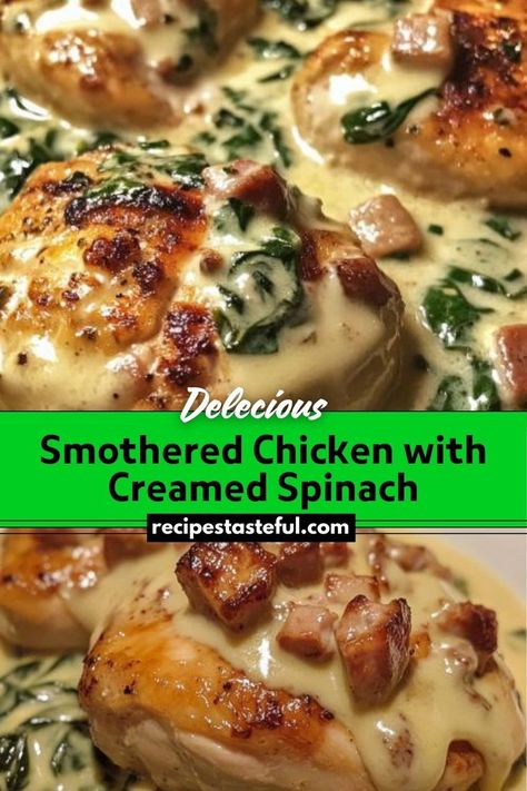 Smothered Chicken with Creamed Spinach is a comforting dish featuring juicy chicken breasts topped with a rich and creamy spinach and mushroom sauce. Perfect for a hearty weeknight dinner or a special occasion, this dish combines savory flavors and a creamy texture for a satisfying meal. Smothered Chicken With Creamed Spinach, Chicken With Creamed Spinach, Chicken Spinach Mushroom, Creamy Spinach Sauce, Smothered Chicken Recipes, Cream Sauce For Chicken, Spinach And Mushrooms, Traditional Thanksgiving Recipes, Spinach And Mushroom