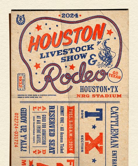 Celebrate the Houston Livestock Show & Rodeo with this official poster, featuring a vibrant design and all the details you need to know about the event. This poster is perfect for hanging in your home or office, or giving as a gift to a friend or family member.  . #westernfont #freewesternfont #cowboyfont #wildwest #westernstyle Vintage Austin Texas, Rustic Poster Design, Vintage Rodeo Posters, Western Poster Design, Texas Graphic Design, App Campaign, Texas Illustration, Rodeo Design, Vintage Wild West