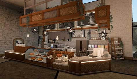 Bloxburg Starbux Layout, Bloxburg Bakery Ideas Inside, Cafe And House Bloxburg, Bloxburg Small Restaurant, Bloxburg Book Store Ideas, Restraunt Bloxburg Ideas, Boo Burg Cafe Ideas, Bloxburg Restaurant Kitchen Ideas, Cafe Exterior Design Bloxburg