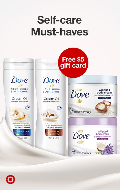 Turn your skin care routine into a self-care moment with spa-like textures & fragrances. Explore nourishing & hydrating hand & body lotions from Dove. Get a free $5 gift card when you buy 4 select personal care items at Target. Find what suits your skin online or in select Target stores. Self Care Must Haves, Dove Body Cream, Hand Care Routine, Shea Butter Body Lotion, Extra Dry Skin, Body Lotions, Bath And Body Care, Hand Body, Hand Body Lotion