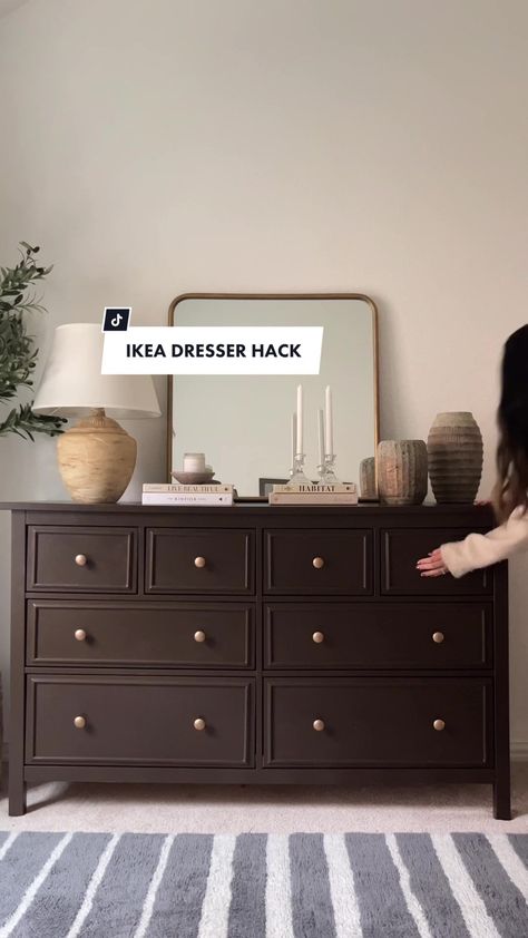 Ikea Dresser To Tv Stand, Hemnes Dresser Living Room, Dark Brown Painted Dresser, Bedroom Dresser Alternatives, Ikea Hemnes Dresser Bedroom, Ikea Dresser Styling, Ikea Dresser Hacks Bedroom, Dark Brown Dresser Decor, Ikea Dresser Flip