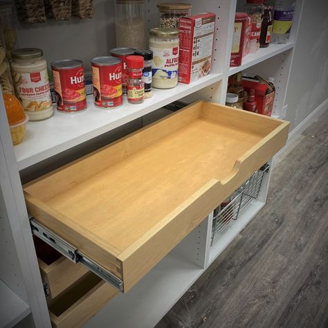 Shelf Pull Outs, Pull Out Shelves In Cabinets, Pull Out Shelf In Cabinet, Pantry Shelving Spacing, Pantry Design Ideas Small, Pantry Drawers Pull Out Shelves, Pull Out Shelves Pantry, Diy Pull Out Drawers In Cabinets, Diy Pantry Closet