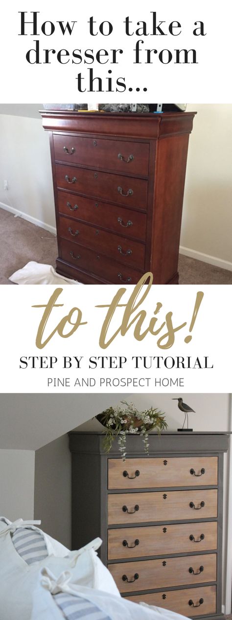 Dresser makeover using gray paint with raw wood drawer fronts Cheap Furniture Makeover, Dressers Makeover, Diy Furniture Renovation, Diy Dresser, Furniture Rehab, Painted Dresser, Dresser Makeover, Furniture Renovation, Creative Furniture