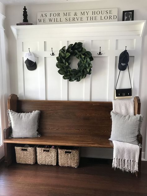 Board And Batten Wall Entryway Bench, Board And Batten Entryway With Bench, Board And Batten Mudroom Wall, Wainscoting Ideas Entryway, Church Pew Entryway, Diy Mudroom Wall, Board And Batten Entryway, Farmhouse Entrance, Mud Wall