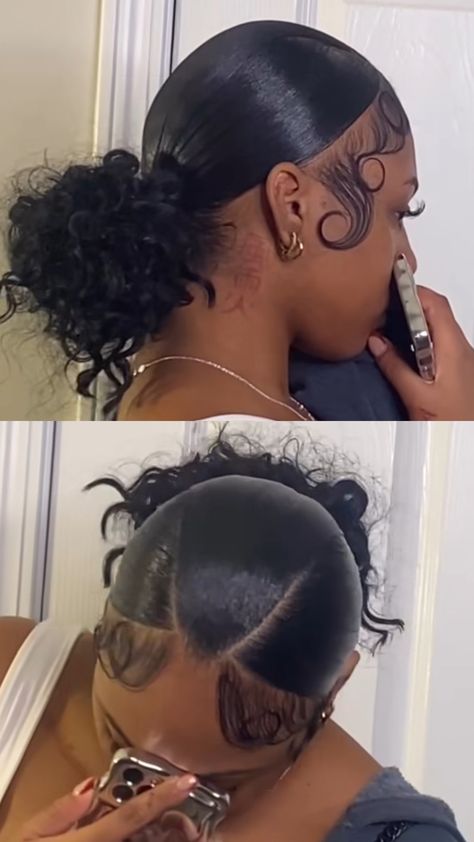 Slick Short Ponytail Weave, 3 Part Curly Ponytail, Slick Low Ponytail Black Women, Slick Back Low Bun Black Women, Low Back Bun Black Women, Cute Hairstyles For Medium Hair Slick Back, Low One Hairstyle Black Women, Natural Low Bun Hairstyles, Curly Two Bun Hairstyles