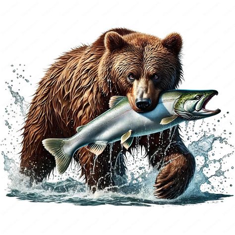 Grizzly Bear Catching Salmon, Bear Catching Salmon, Bear Fishing, Wolf Skull, Bear Artwork, Pure White Background, Grizzly Bears, Bear Clipart, Bear Carving