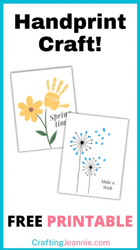 Enjoy this Spring Handprint Art. Make beautiful artwork that children and parents love. All you need is the free printable found at the link, paint, and a sponge paintbrush. This craft is perfect for Toddlers, Preschool, Kindergarten, Daycare, and more. Make it for a Classroom Spring Party or a Spring Craft. For the full set of instructions, visit craftingjeannie.com Handprint Template Free Printable, Spring Toddler Art, Spring Handprint Art, Spring Handprint Crafts, Boy Scout Crafts, Toddler Artwork, Handprint Printable, Craft Printables, Spring Toddler