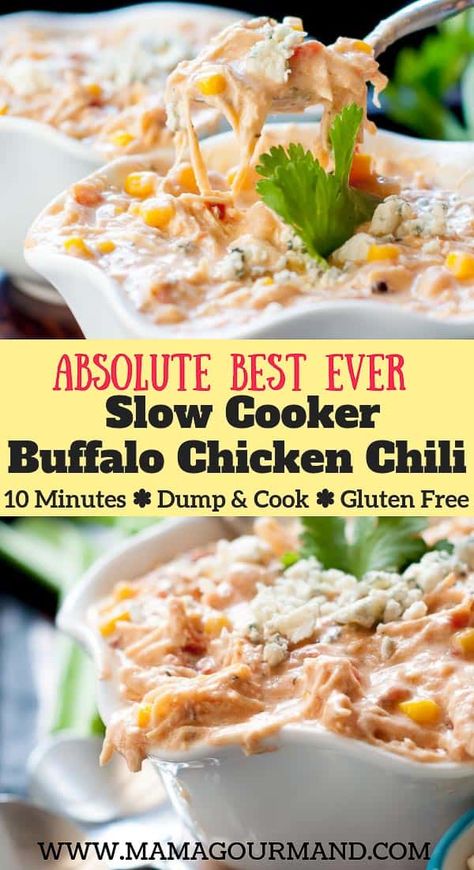 Mamagourmand Recipes, Buffalo Chicken Chili Recipe, Creamy Buffalo Chicken, Slow Cooker Buffalo Chicken, Buffalo Chicken Chili, Chicken Chili Crockpot, Slow Cooker Chicken Chili, Chili Cook Off, Chicken Chili Recipe