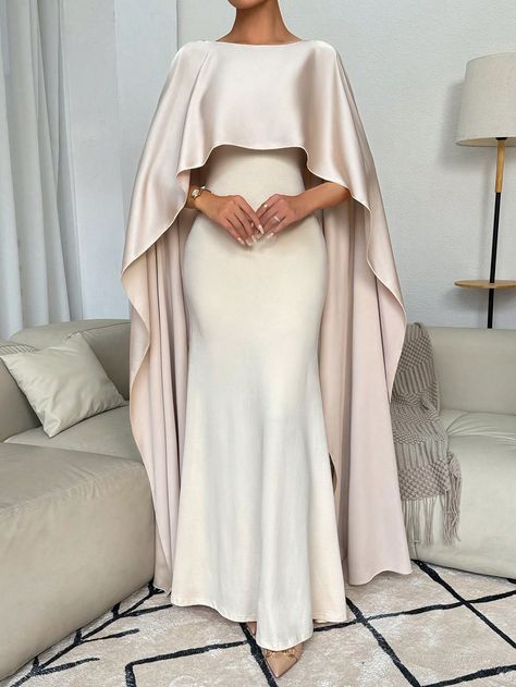 Apricot  Collar Cap Sleeve Knitted Fabric Plain Fitted Embellished Medium Stretch  Women Clothing Evening Dress With Shawl, Shein Dress Elegant, Elegant Dresses Classy Modest, Shawl Dress, Hijab Dress Party, Estilo Hijab, Modest Dresses Fashion, Modest Evening Dress, Classy Gowns