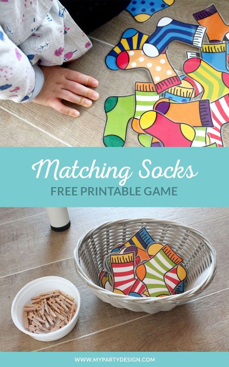 Free Printable Matching Socks Game for toddlers and preschoolers. Help your little one learn through play with this simple game. They can practice colour matching, pattern recognition and expand their vocabulary while playing. Download, print and play! #earlylearning #learningthroughplay Freetime Activities, Game For Toddlers, Learn Through Play, Matching Socks, Baby Learning Activities, Creative Curriculum, Pattern Recognition, Daycare Activities, Colour Matching