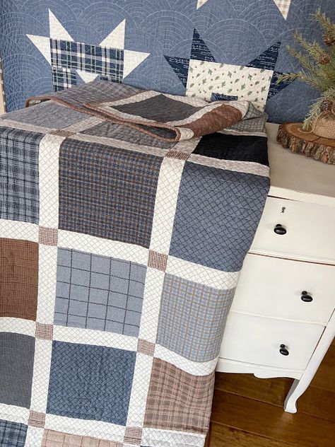 Finally . . . a flannel quilt for Brad – Carried Away Quilting Quilt Patterns Using Mens Shirts, Quilts Using Plaid Fabric, Masculine Quilt Patterns Men Simple, Men Quilts Ideas, Men’s Dress Shirt Quilt, Men’s Shirt Quilt, Man Quilt Patterns, Quilts For Men Patterns, Flannel Quilt Patterns