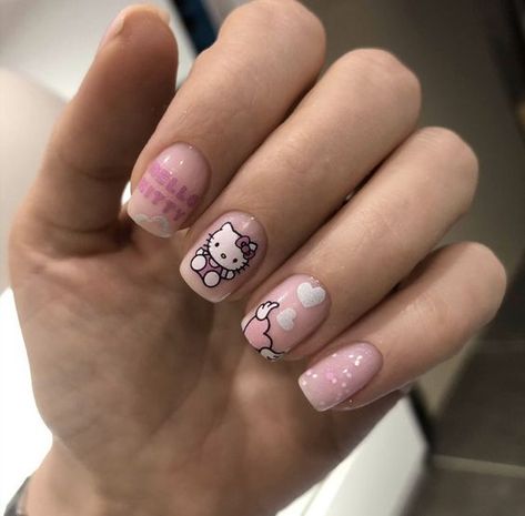 Y2k Hello Kitty Nails Short, Hello Kitty Manicure, Kids Nail Art Designs, Uñas Hello Kitty, Pastel Hello Kitty, Morning Makeup Routine, Nails Hello Kitty, Moodboard Wallpaper, Paznokcie Hello Kitty