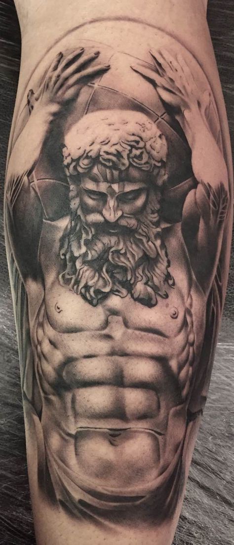 ADVERTISEMENT Atlas Calf Tattoo, Atlas Tattoo Mythology, Historical Tattoos, Greek God Tattoo, Redemption Tattoo, Atlas Tattoo, Poseidon Tattoo, Zeus Tattoo, Create A Tattoo