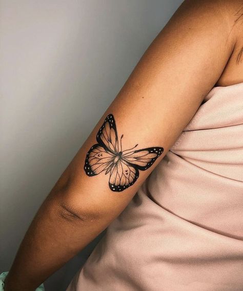 Western Butterfly Tattoo, Butterfly Tattoo Upper Arm, Butterfly Tattoo Back Of Arm, Above Elbow Tattoos For Women, Above Elbow Tattoo, Simple Butterfly Tattoo, Butterfly Tattoo Stencil, Butterfly Tattoos On Arm, Outer Forearm Tattoo