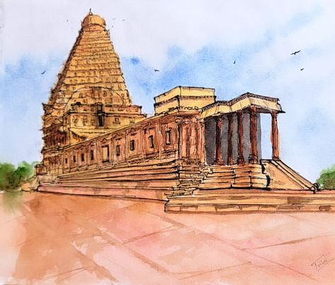 The watercolor painting of the Thanjavur temple captures the majestic beauty and intricate details of one of South India's most iconic architectural marvels. The painting showcases the Brihadeeswarar Temple, often called the Big Temple, with its towering vimana (temple tower) that rises majestically against the sky. Hindu Temple Painting, Thanjavur Temple, Temple Sketch, Brihadeeswarar Temple, Big Temple, Temple Painting, Hindu Temple, South India, Intricate Details