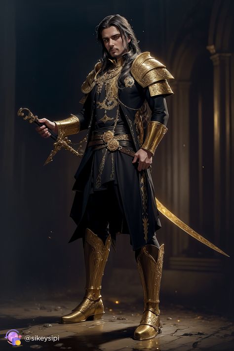 Male Fantasy Armor, Black And Gold Knight, Black Knight Art, Kings Armor, Black And Gold Armor, Gold Knight, Knight In Armor, Golden Armor, Gold Armor