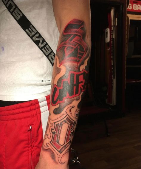 Red Letters Tattoo, Red Tattoo Lettering, Black And Red Tattoo Men, Red Letter Tattoo, Red Lettering Tattoo, Red Ink Tattoos Men, Red Tattoo Men, Hood Tattoo For Men, Red Tattoo Designs