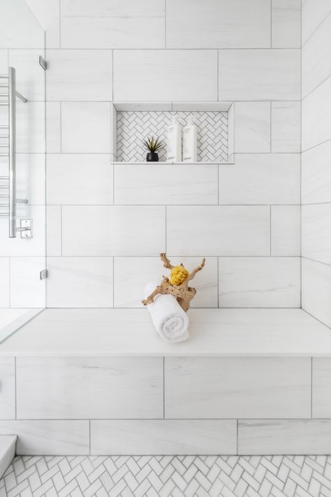 Large Rectangle Tile Shower Ideas, Large Subway Tile Shower White Vertical, Big White Bathroom Tiles, White Herringbone Shower Floor, Wide Tile Shower Ideas, Master Bath White Tile, Bathroom Tile Layout Ideas, Bathroom Tile 12x24, Showers With Big Tiles