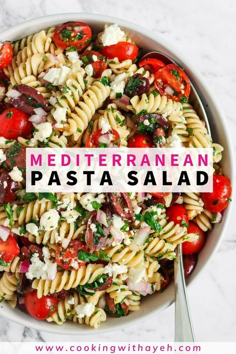 An easy and healthy Mediterranean Pasta Salad in less than 20 minutes. Perfect as a side or main meal. #pastasalad #quickmeals #salad #saladrecipe #recipe Mediterranean Diet Pasta Salad Recipes, Healthy Mediterranean Pasta Salad, Pasta Salad Healthy Clean Eating, Mediterranean Salad Pasta, Mediterranean Diet Pasta Salad, Heart Healthy Pasta Salad, Healthy Pasta Salad Recipes Clean Eating, Heart Healthy Side Dishes, Mediterranean Pasta Salad Recipes