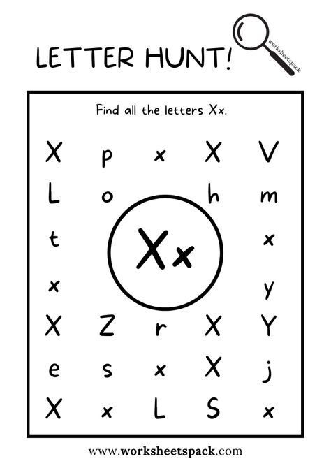 Find the Letter X Worksheet, Alphabet X Hunt Activity Free Printable for Kids - Printable and Online Worksheets Pack Letter X Craft For Preschoolers, Letter X Worksheet, Letter P Printable, X Worksheet, Letter X Crafts, Letter E Activities, Worksheet Alphabet, Letter Hunt, Phonics Reading Passages