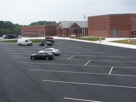 Car and Bus Parking Lot at New School School Parking Lot, School Layout, Surface Drainage, Choices And Consequences, Asphalt Pavement, Pavement Design, Parking Building, Nightclub Design, American High School