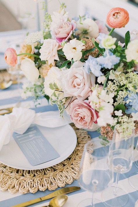 Dusty Blue Cabana Stripe Tablecloths with Woven Rattan Chargers for a Coastal Farmhouse Wedding Reception Dusty Blue And Blush Wedding, Bridesmaid Dresses Blush, Lillian West Bridal, New England Summer, Blue And Blush Wedding, Dusty Blue Bridesmaid, Coastal New England, Blush Wedding Colors, Blush Bouquet Wedding