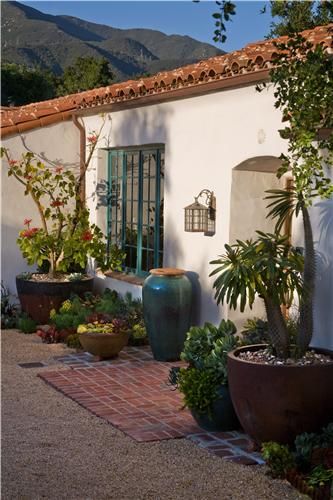 Big Container Gardens  Container Gardens  Grace Design Associates  Santa Barbara, CA Style Hacienda, Spanish Exterior, Boho Glam Home, Santa Barbara Style, Spanish Bungalow, Spanish Garden, Mediterranean Landscaping, Mediterranean Home Decor, Spanish Style Home