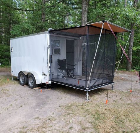 Homemade Trailer Camper, Hunting Trailer Ideas, Trailer Turned Into Camper, Car Trailer Camper Conversion, Inclosed Trailer Diy, Bike Trailer Camper, Closed Trailer Camper, 7x16 Cargo Trailer Camper, Cargo Camper Trailer