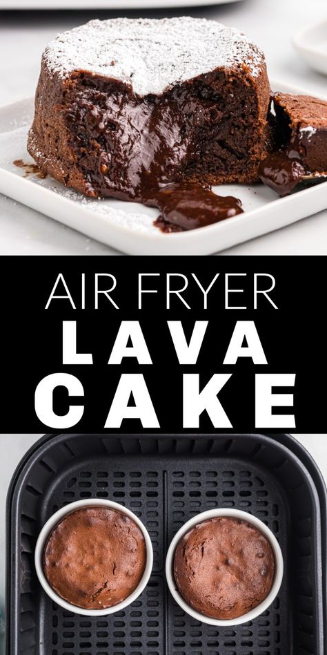 Air Fryer Lava Cake is a decadent dessert with a molten chocolate center that will curb any chocolate craving. There is an airiness to the batter with a rich flavor of chocolate deliciousness in every bite. Air Fryer Recipes Dessert, Air Fryer Recipes Snacks, Molten Chocolate Lava Cake, Lava Cake Recipes, Molten Lava Cakes, Air Fryer Oven Recipes, Molten Lava, Air Fry Recipes, Chocolate Lava