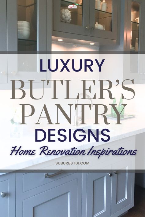 Fall in love with these luxury Butler's Pantry ideas for your home renovation? A must-have for someone who loves to host guests. These butler pantries serve as a bar and entertaining prep area where you can showcase your prized crystal glassware and fine liquor. Get inspired with these Butler's Pantry layout ideas to custom cabinets to backsplash- here are extravagant Butler's Pantries that are found in multi-million dollar homes. Perfect for luxury home remodels. Butler Pantry Backsplash Ideas, Butler Bar Ideas, Butlers Pantry Off Dining Room, Swinging Butler Pantry Door, Built In Butlers Pantry Buffet, Bar Pantry Ideas, Wet Bar Pantry Combo, Butlers Pantry Backsplash Ideas, Butler Pantry Storage