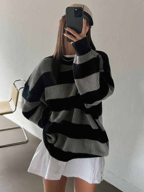 Women's Loose Fit Color Block Striped Sweater Pullover Multicolor Casual  Three Quarter Length Sleeve Fabric Colorblock,Striped Pullovers Medium Stretch  Women Clothing, size features are:Bust: ,Length: ,Sleeve Length: Oversized Sweater Women, Knitting Women Cardigan, Loose Knit Sweaters, Oversized Jumper, Women Sweaters, Wide Stripes, Drop Shoulder Sweaters, Asian Outfits, Loose Sweater