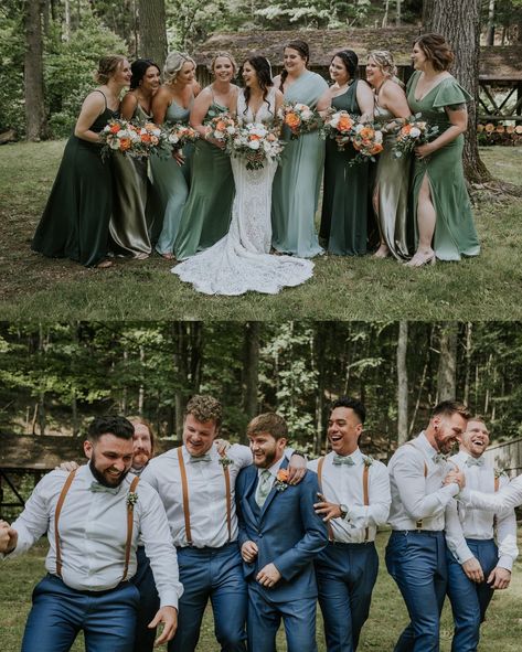 One of the sweetest and most heartfelt days. 💗 Happy first wedding anniversary, Holly and Tyler! Cheers to forever adventuring together! Vendors who made their day amazing: Venue: @thecampatbuffalomountain Videographers: @radiantmountainmedia Coordinator: Vanessa Canter, @canter_entertainment Officiant: Rick Toomey Florist: @simplyyoursandco Beauty: @powerponystudios Dress: @bluewillowbridal1 Veil: @veilsbysarah Bridesmaids’ Dresses: @birdygrey Groom & Groomsmen Suits: @bluewillow... Green Bridesmaid Dresses And Navy Suits, Navy Blue And Green Groomsmen, Groomsmen With Sage Green Bridesmaids, Green And Blue Groomsmen, Sage Green Bridesmaid Dresses With Navy Groomsmen Suits, Navy And Green Bridal Party, Green Groomsmen And Bridesmaids, Groomsmen Attire With Green Bridesmaids, Groom And Groomsmen Attire Blue