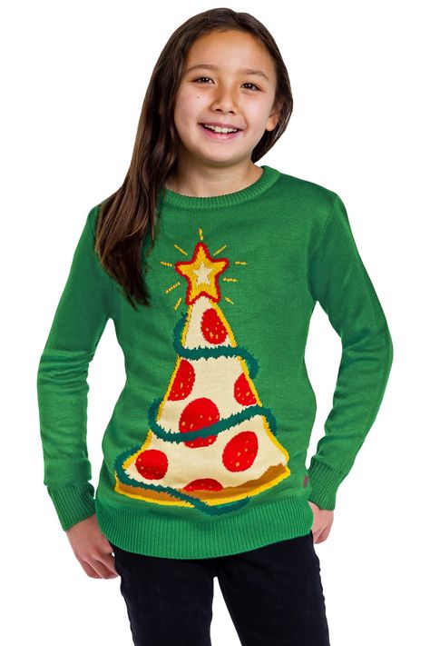 Kids Ugly Christmas Sweater Ideas, Kids Ugly Christmas Sweater, Pizza Tree, Ugly Christmas Sweater Ideas, Christmas Sweater Ideas, Kids Pizza, Kids Christmas Sweaters, Tipsy Elves, Tree Sweater