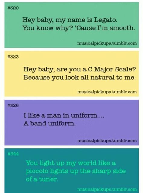 Band pick up lines Music Pick Up Lines, Hilarious Puns, Marching Band Memes, Music Puns, Band Problems, Pick Up Line, Marching Band Humor, Band Uniforms, Band Jokes